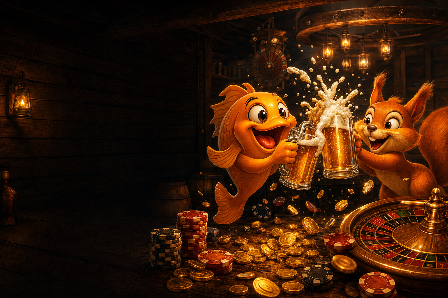 Рыбка и белка Beer Casino поднимают пивные кружки